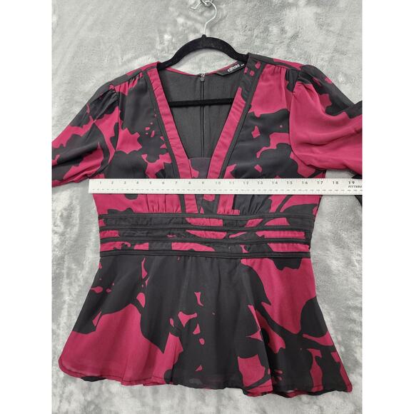 Eshakti Floral Print Georgette Peplum Blouse Size M-8 Black Pink Back Zip Office - Picture 10 of 13